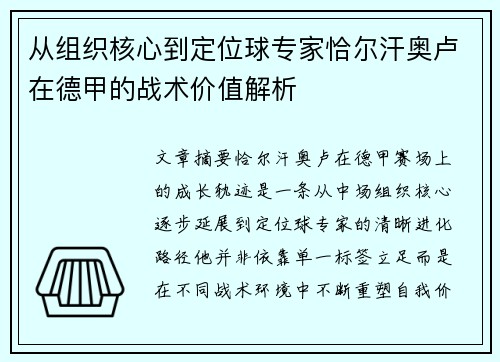 从组织核心到定位球专家恰尔汗奥卢在德甲的战术价值解析 从组织核心到定位球专家恰尔汗奥卢在德甲的战术价值解析